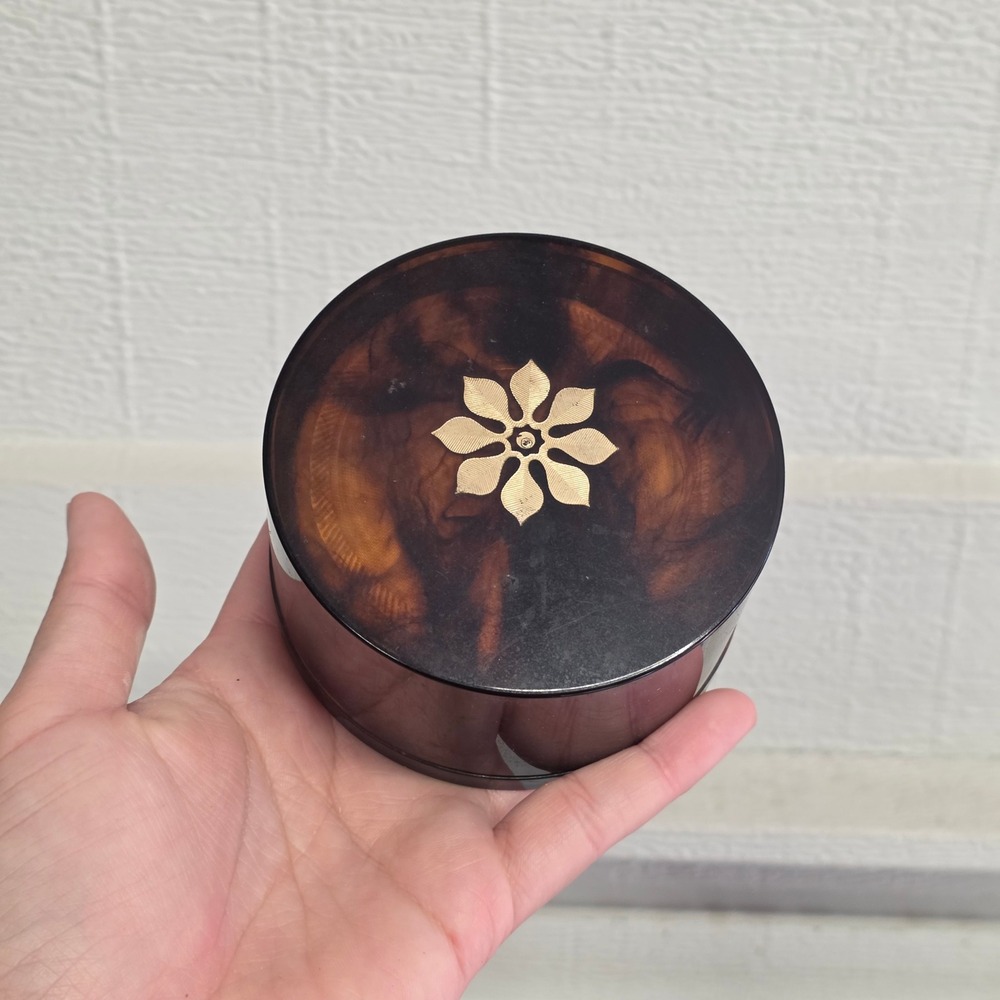 New vtg Merle Norman Fluff Face Powder Jar Tortoise Shell Honey Beige Cosmetic